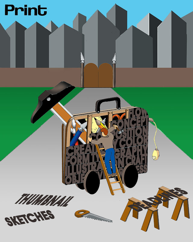 "Building my Portfolio"
Hand-drawn,scanned and colored in Photoshop