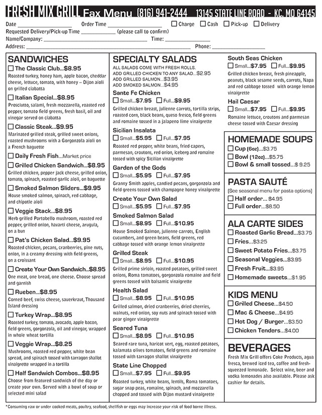 Fresh Mix Grill Fax-In Menu Design