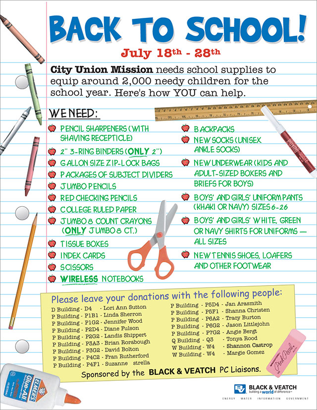"Back to School!" Supplies Drive for City Union Mission Charity